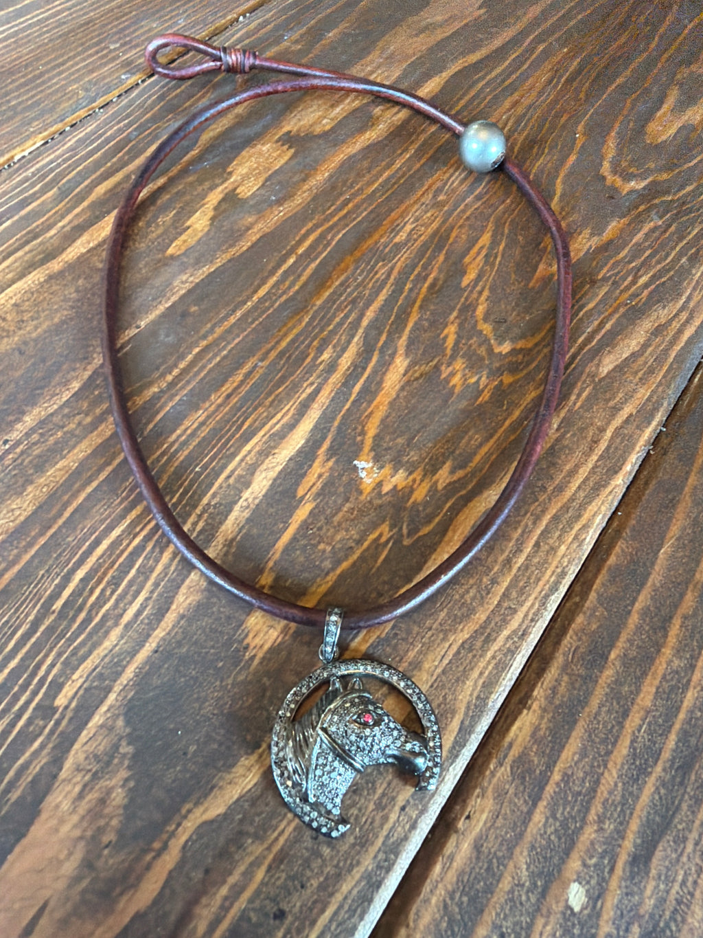 Diamond Horse Pendant on Leather