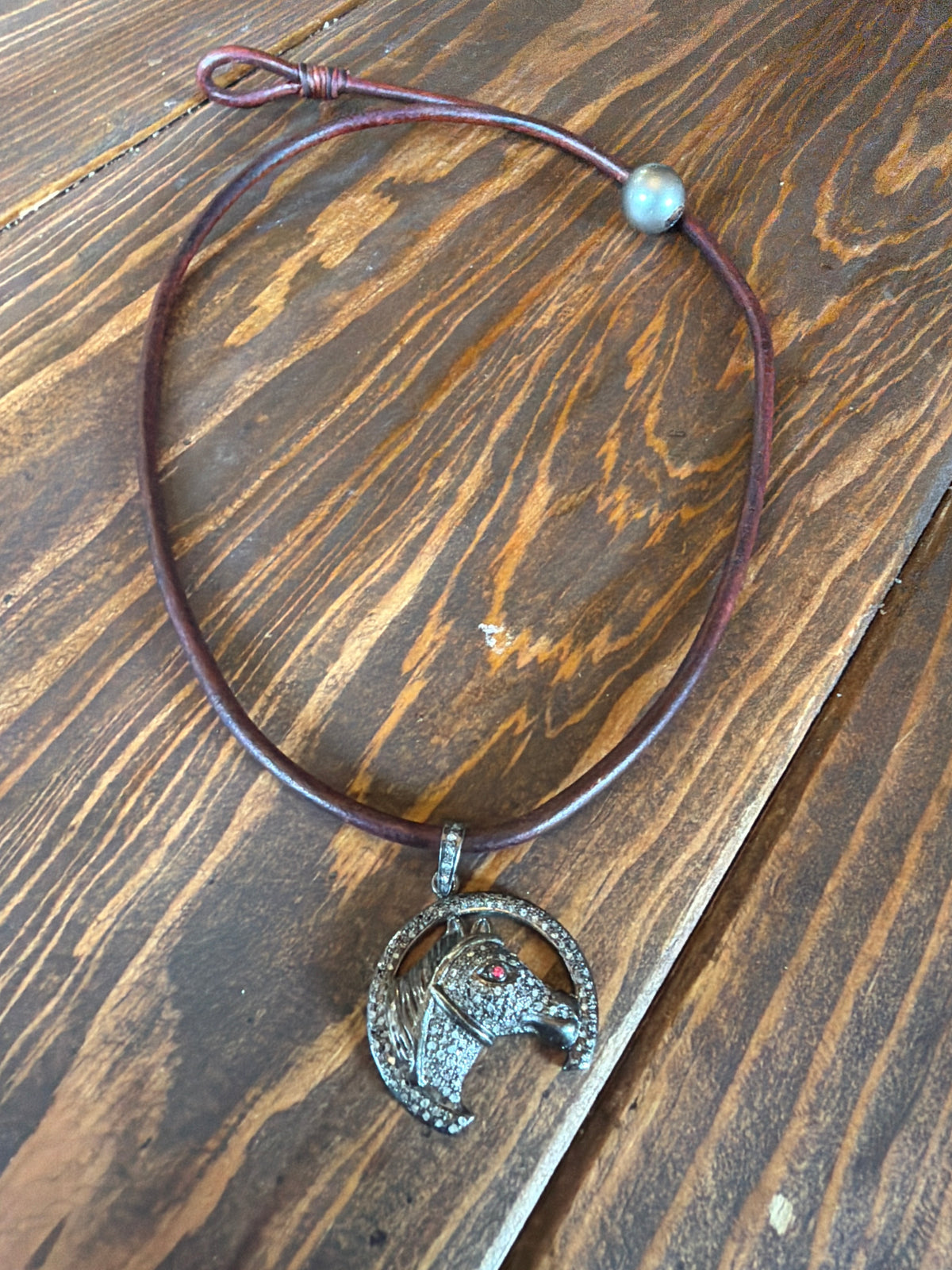 Diamond Horse Pendant on Leather