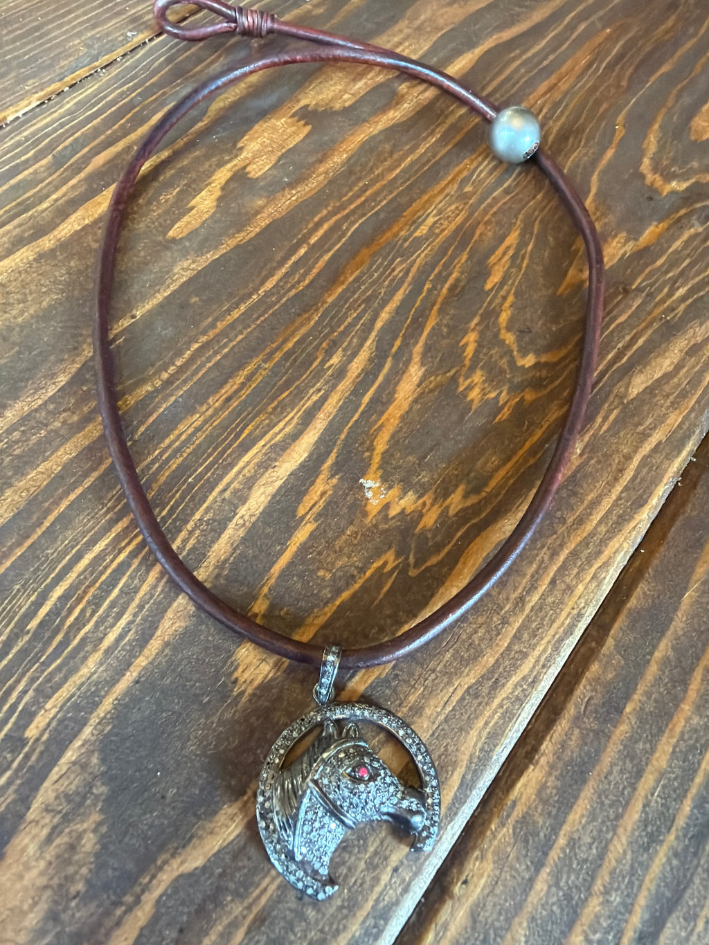 Diamond Horse Pendant on Leather
