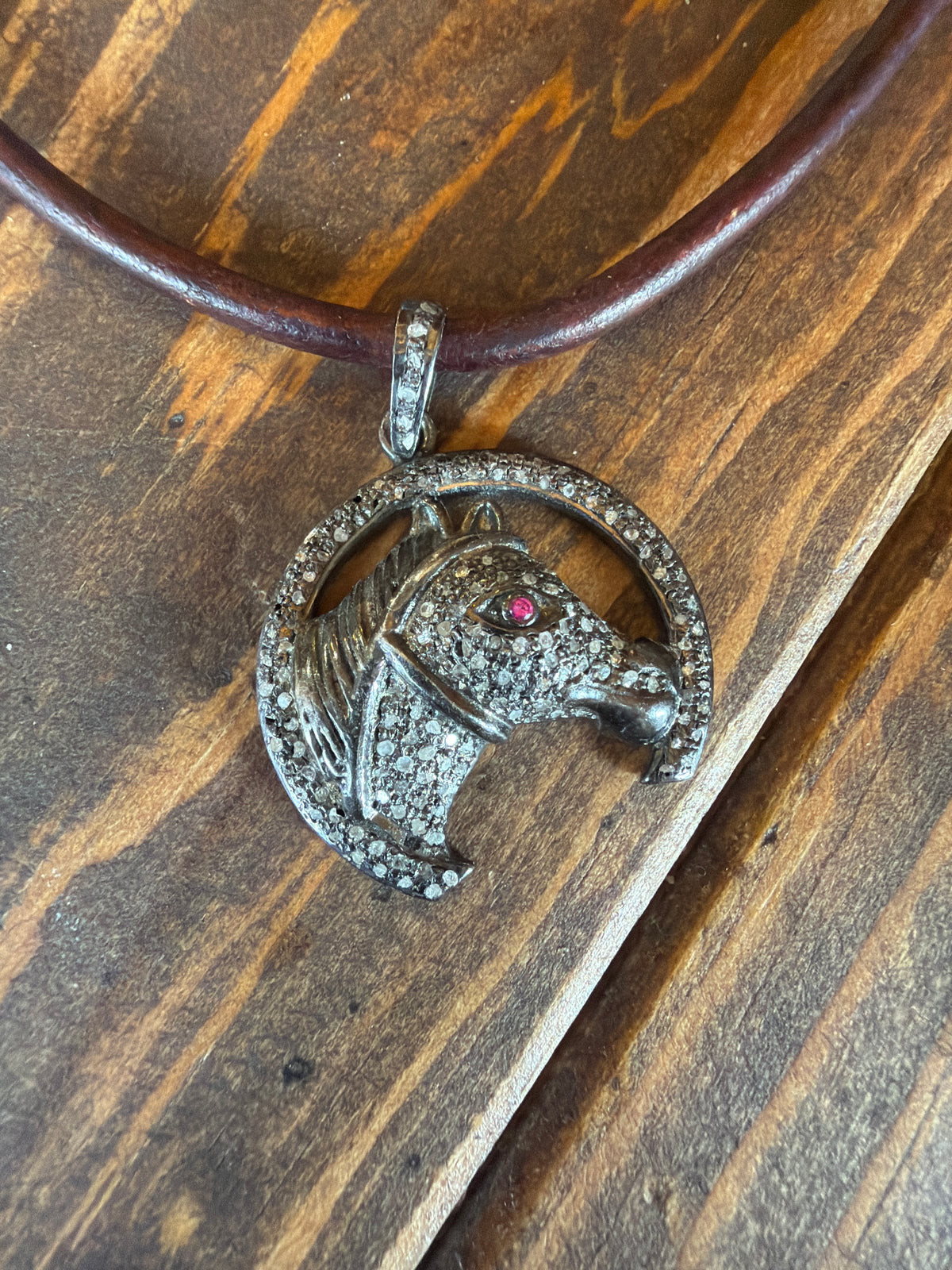 Diamond Horse Pendant on Leather